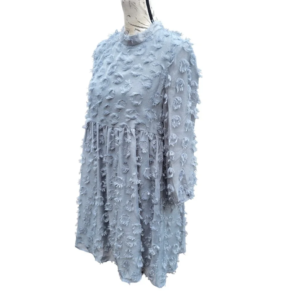 Zara Textured Fringe Circle Applique Babydoll Mini Dress Dusty Blue Small - Picture 4 of 10